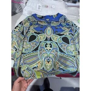 JM Collection Womens Blue Green Paisley Rhinestone Neck Long Sleeve Blouse M